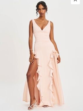 Miss Circle Talyssa Ruched Waist Double High Slit Maxi Gown Size SMALL